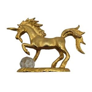 Vintage 1985 Spoontiques Pewter Unicorn and Crystal Ball Figurine Gold